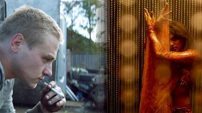 A collage of two photos: one of a man standing outside a garage smoking a cigarette, and one of a performer posing in front of strings of beads.